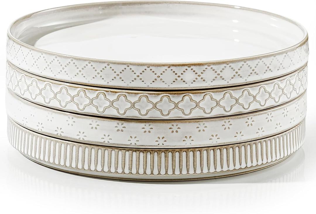 getstar 8 Ceramic Dinner Plates, Set of 4, Microwave & Dishwasher Safe, Salad Pasta Deep Plates with Embossments Set of 4