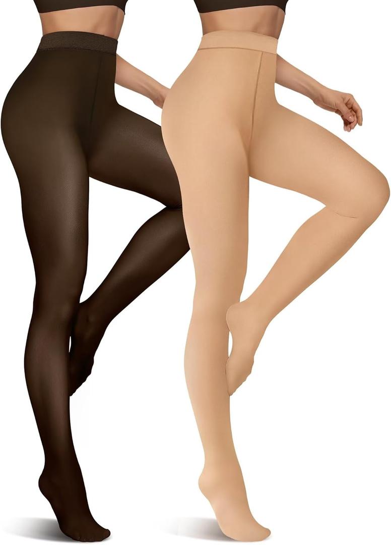 Vertvie 2 Pairs Fleece Lined Tights for Women Thermal Pantyhose Fake Translucent Winter Warm Tights Thick Leggings (220g-Thin Fleece, Black Sheer/ Nude, Small-Medium)