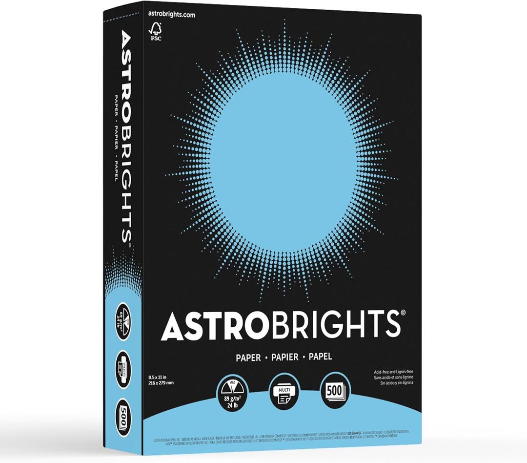 Neenah Astrobrights 30% Recycled Bright Color Paper, 8 1/2in x 11in, 24 Lb, FSC Certified, Lunar Blue, Ream Of 500 Sheets, 21528