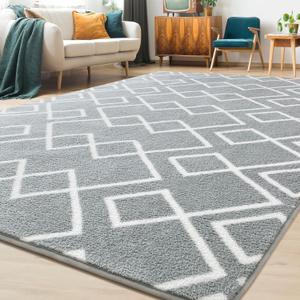 Geometric Modern Area Rug for Bedroom, 6x9 Feet Grey Shag Rug for Living Room, Fluffy Moroccan Rug with Memory Foam Carpet Dorm Room Decor for Home Bedside Girls Kids Nursery Play Mat