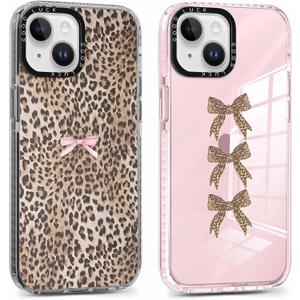 2 Pack Cute Cheetah Print Phone Case for iPhone 13 / iPhone 14 Pink Bow Case 6.1", Clear Coquette Fashion Luxury Leopard Pattern Design Girls Women Funda Shockproof Soft TPU Protection Cover