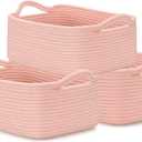 CLHMILY&Z Small Cube Storage Baskets, Decorative Woven Cotton Rope Baskets with Handles for Organizing, Shelf, Closet, Nursery, Bathroom, Toy Organizer Bins (3, Pink, 11.4 x 7.5 x 4.7)