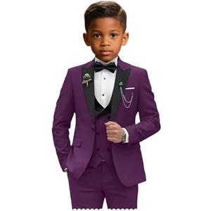 Boys Suits Slim Fit 5 Piece Purple Dresswear Set with Shirt and Bowtie Kids Prom Tuxedo Wedding Outfit Size 7