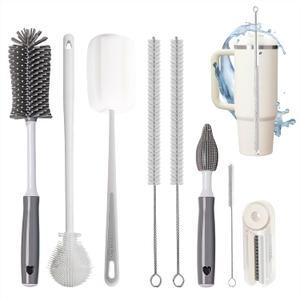 8Pcs Water Bottle Cleaner Brush - Multipurpose Cup Cleaner Kit with Long Nylon Straw Brush Long Handle Silicone Bottles Cleaning for Tumbler, Sports Water Bottle, Champagne Glass (Gray)