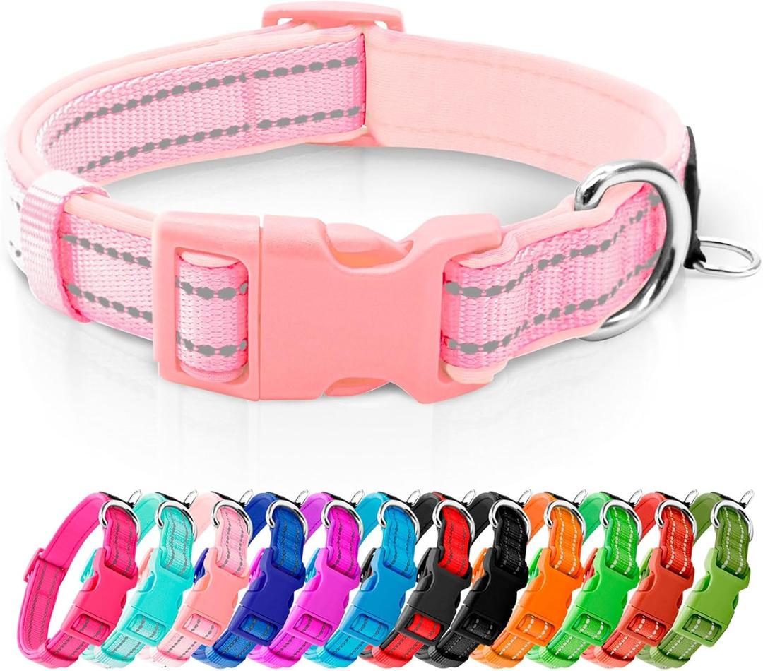 Azuza Reflective Dog Collar,Soft Neoprene Padded Pet Collar with ID Tag Ring,Adjustable for Puppy and Small Dogs, Pink, XS