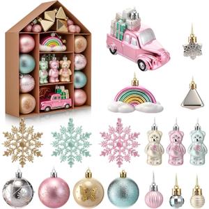 70 Pcs Christmas Ball Ornaments Assorted Shatterproof Hanging Decor for Christmas Tree Decorative Vintage Traditional Ornaments Bulk Holiday Party Decorations (Pink,Gold,Bear)
