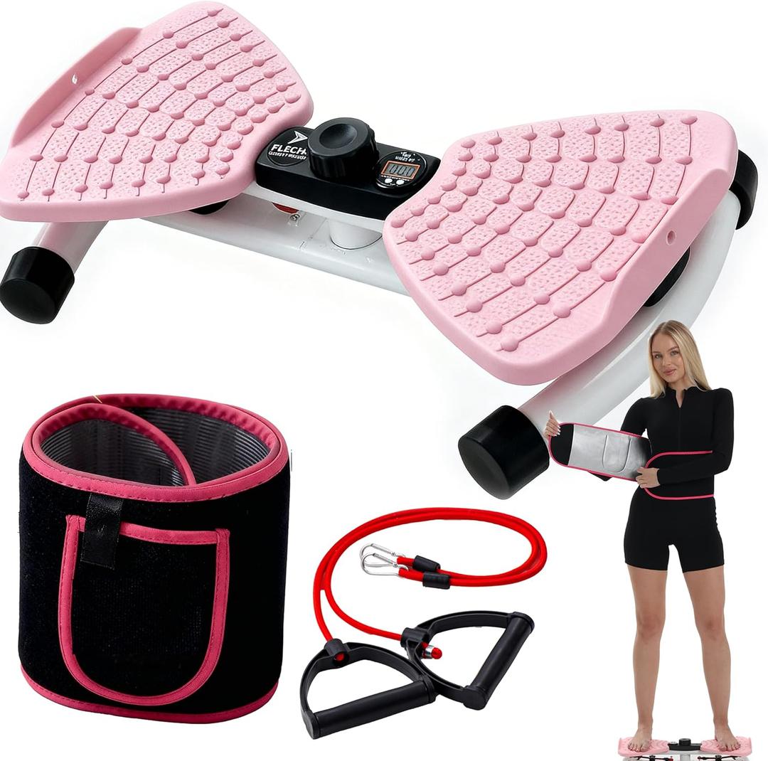 FLÉCHA Waist Twister Machine Exercise, Ab Workout Equipment, Waist Twisting Exercise Board with Digital Counter, Tracks Time Twists Calories, Non-Slip Core Trainer, 300 lb Capacity, Twist Board with Sweat Belt & Virtual Workout Plan, Resistance Bands, Pink/White