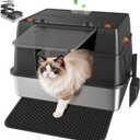Stainless Steel Litter Box with Lid, Side Entry Extra Large High Sided Enclosure Litter Box, Removable Upper Cover Leak-Proof Odorless Non-Stick Easy Clean Metal Pan with Scoop & Mat