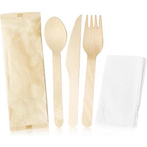 Bulk Heavy Weight 200pcs - 50 Sets - Cutlery Individually Wrapped Natural Wooden Cutlery Knife, Spoon, Fork Pack and Napkin - Extra Strong & Extra Resistant/Eco-friendly