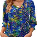 AKEWEI 3/4 Length Sleeve Womens Tops Summer Fashion V Neck Business Casual Blouses Smocked Shirts (X-Large, Blue Feather)