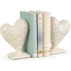 Heart Shaped Bookends Set of 2, Decorative Book Ends for Shelves, Sculptural Heart Design Book Stoppers for Home Office & Romantic Decor (Cloud White)