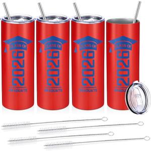 Patelai 4 Pcs Graduation Gift Bulk Class of 2026 Tumbler Cups 20oz Water Bottle with Lid Straw Brush Congrats Grad Graduate Gift for Him Her Grad Party Favor(Red and Blue)