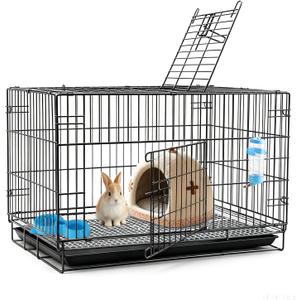 Rabbit Cage, Indoor Small Animal Cage, Easy to Clean Removable Tray, Dual Doors, Tool-Free Setup, Water Bottle, Food Bowl & Washable Small Nest for Hamster, Guinea Pig & Small Pets - Black