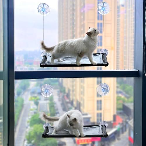 YILAG 2 Pack Cat Hammock for Window Wall with 8 Suction Cups 2 Cushion Cover,Cat Window Perch, Space Saving and Easy Mounted Large Cats Bed,Pet Resting Safety Holds (Black, Medium)