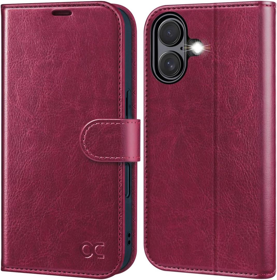 OCASE Compatible with iPhone 16 Wallet Case, PU Leather Flip Folio Case with Card Holders RFID Blocking Kickstand [Shockproof TPU Inner Shell] Phone Cover 6.1 Inch 2024, Burgundy