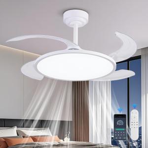 AHAWILL Retractable Ceiling Fan with Lights and Remote,42'' Fandelier Ceiling Fan with Dimmable Full Spectrum,Timer Setting,Silent DC Motor,Modern Bladeless Fan for Bedroom Dining Room,White