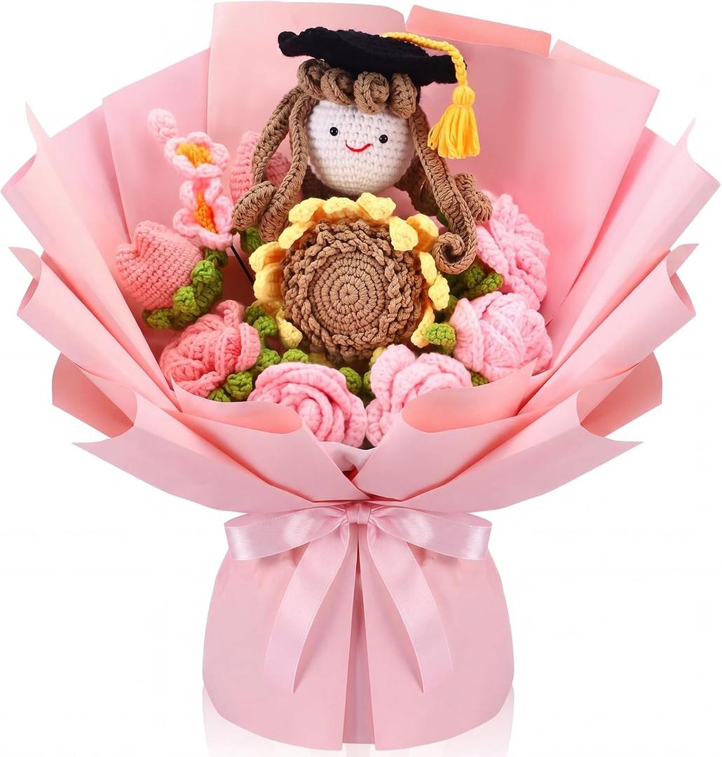 Threehoney Graduation Crochet Flower Bouquet 2026 Graduation Gifts Class of 2026 Grad Party Supplies Pink Handmade Crocheted Flowers and Girl with Diploma Cap for End of Year Teacher Appreciation Gift