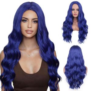 BERON Blue Wig Long Curly Wig Long Dark Blue Wavy Wigs for Women Synthetic Wigs for Daily Party