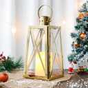 TRIROCKS Stainless Steel Decorative Lantern 12''H Metal Outdoor Candle Holder Hanging Candle Lantern with Tempered Glass for Christmas Home Wedding Living Room Parties Indoor Outdoor(Gold Trapezoid) (normal)