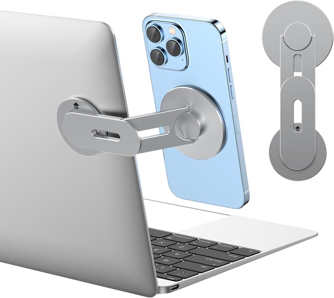 Magnetic Phone Holder for Laptop, MagSafe Laptop Phone Mount for iPhone 17/16/15/14/13/12 & All Phones, 180Adjustable Magnetic Phone Holder for Tesla Monitor (Gray) (unchargeable)