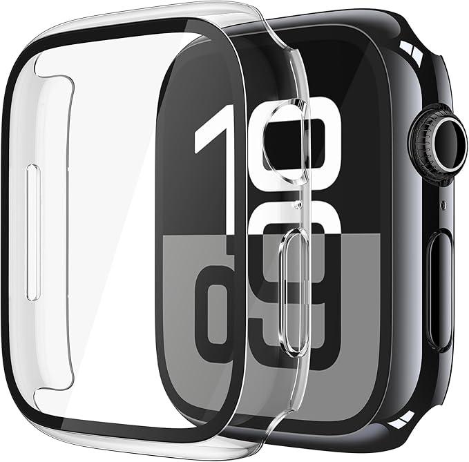 Misxi 2 Pack Tempered Glass Case Compatible for Apple Watch Series 11 (2025) Series 10 46mm, Hard PC Screen Protector Overall Protection ScratchResistant Cover for iWatch, 1 Silver + 1 Transparent