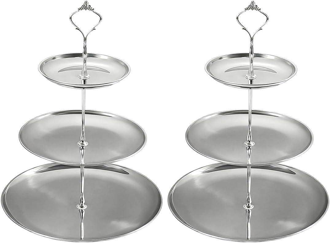 2 Pcs 3 Tier Silver Cupcake Stand, Stainless Steel Tiered Dessert Stand, 3-Tier Cupcakes Stands for Desserts, Snacks, Stainless Steel Cup Cake Tower for Birthday Party Weddings Holidays