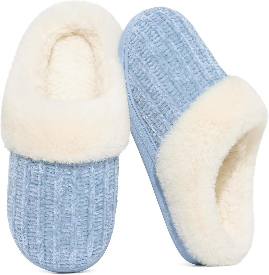 Evshine Women's Warm Chenille Knit House Slippers Comfy Memory Foam Winter Slippers with Faux Fur Collar and Indoor Outdoor Soles Blue, 38-39 (Size 7-7.5)