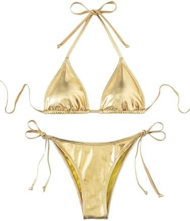 GORGLITTER Women's Metallic Triangle Bikini Top Halter Tie Side Swimsuit Set 2 Piece Bathing Suits Size S