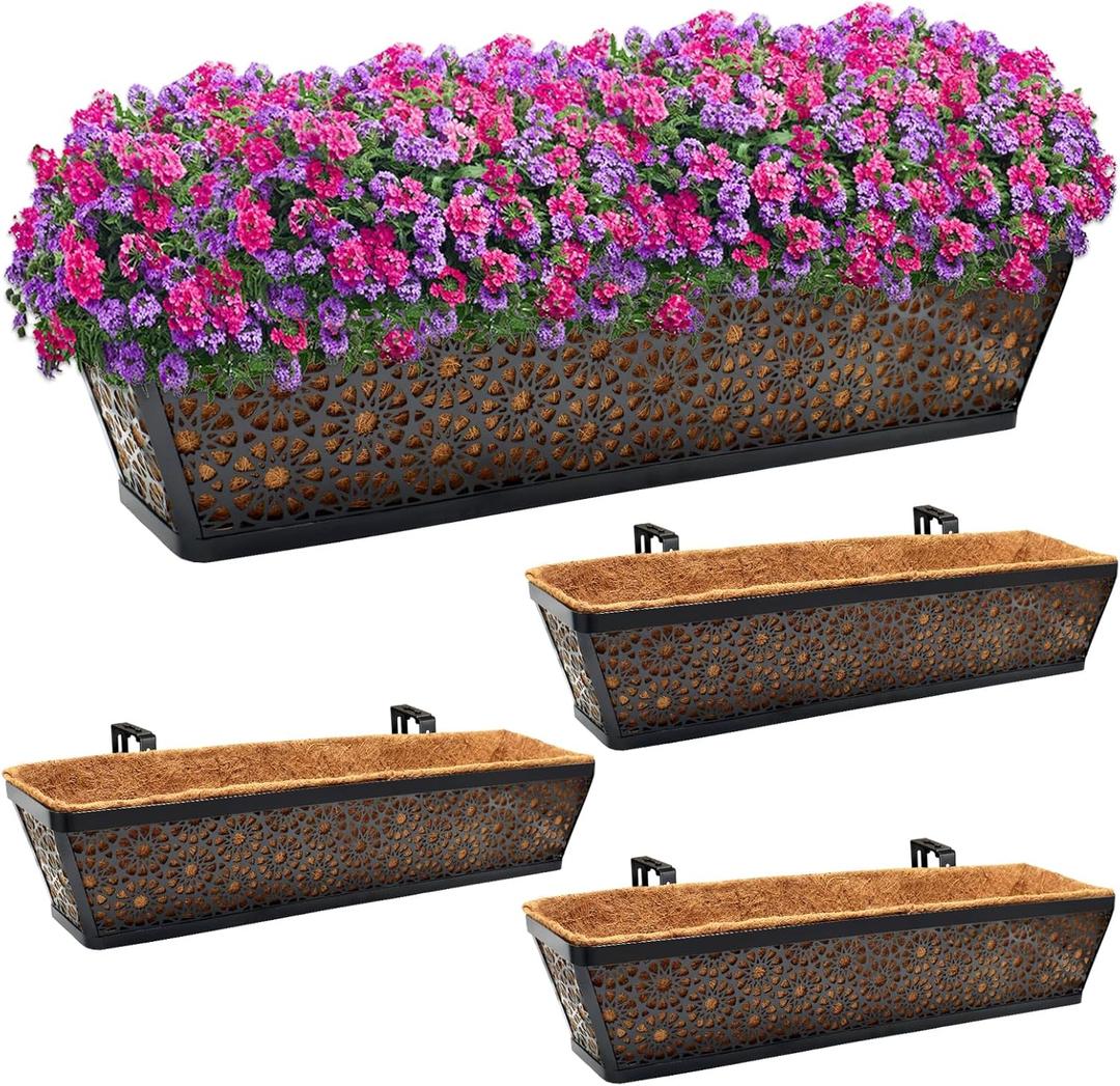 Halatool 4 Pack 30 Inch Window Box with Coco Liner Sturdy Metal Deck Railing Planter with Coconut Coir Basket Liners for Windowsill Fence Porch Balcony and Patio Outdoor Indoor Lawn