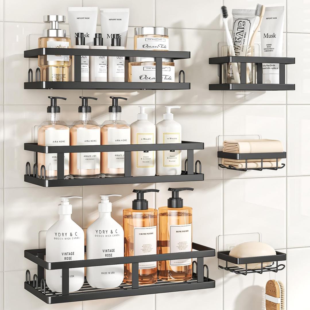 Youvip Shower Caddy 6 Pack, Adhesive Shower Shelves with Soap Holder, No Drilling Rustproof Large Capacity Bathroom Organizers and Storage, Black