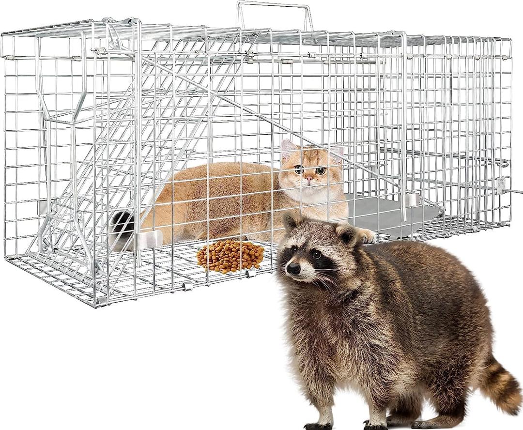 32" Live Animal Cage Trap,Heavy Duty Raccoon Traps,32" x 12.5" x 12" Humane Cat Trap Galvanized Steel Folding Small Animal Live Trap with Handle for Rabbits,Groundhogs & Opossums Catch & Release