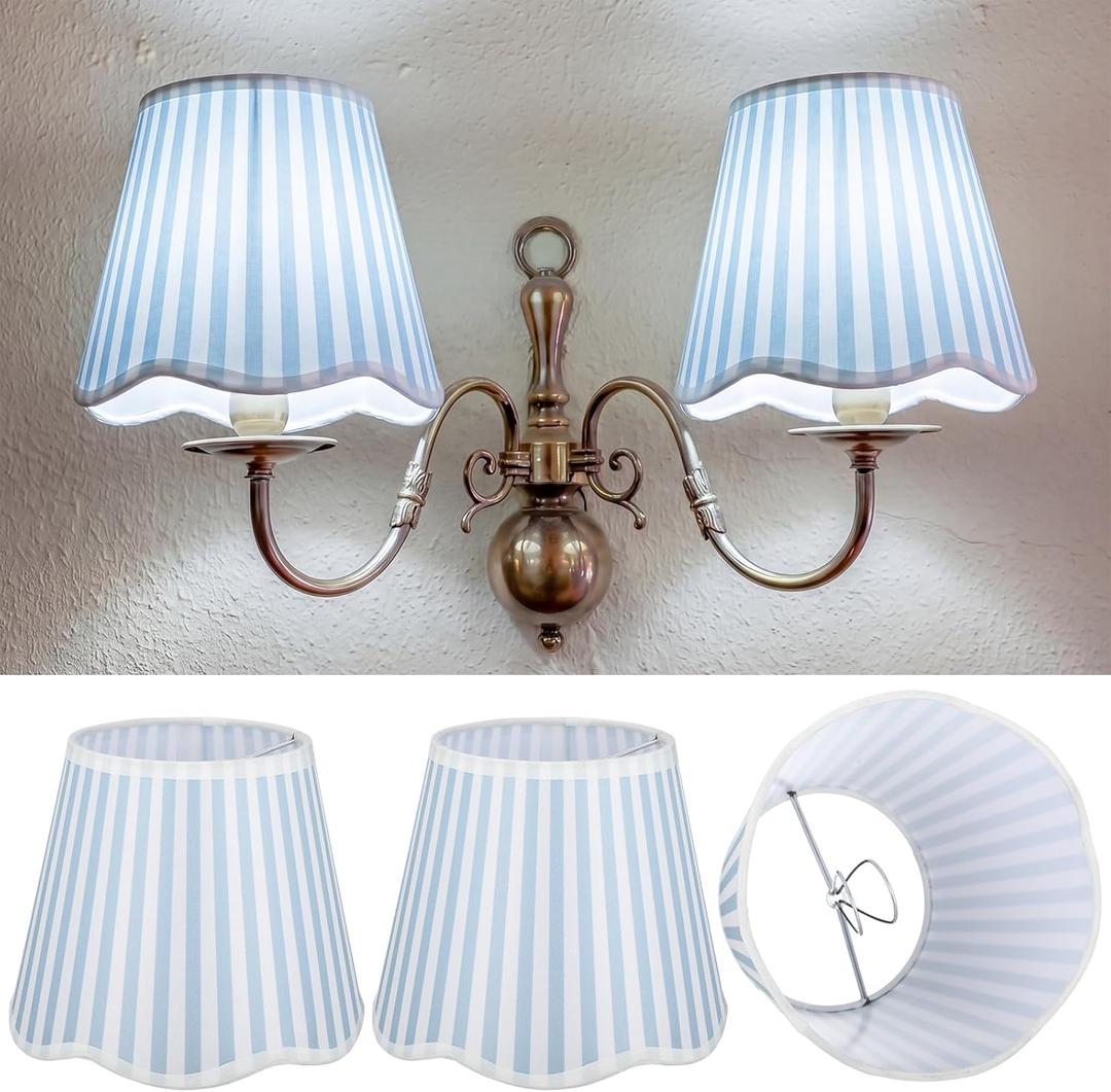 Gerrii 2 Pcs Blue and White Striped Scalloped Lamp Shades Coastal Floral Block Print Lamp Shades Cotton Lampshade 3x6x5 Inch Coastal Fabric Mini Scallop Lampshades for Wall Sconce Pendant Light