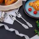 WDF 100 Piece Silver Plastic Spoons Disposable - 6.93 Inch Baroque Silver Silverware for Dessert Cake - Heavy Duty Plastic Spoons for Party Wedding Daily Using Baby Shower Spring