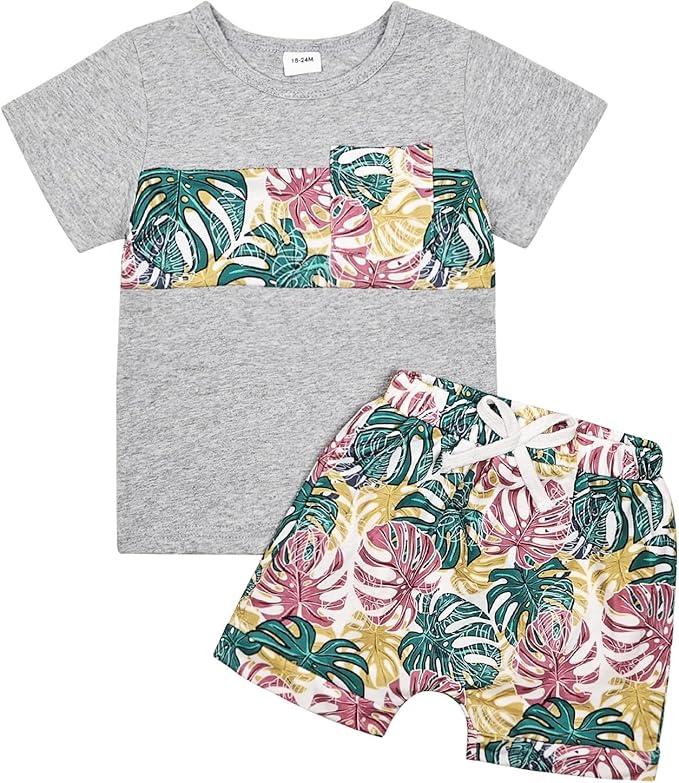 Boy Clothes Summer Holiday Style Outfits Short Sleeve Top T-Shirt & Pocket Pant Set 12 Months-4 Years old  Size 18-24 M  Yellow Leaf