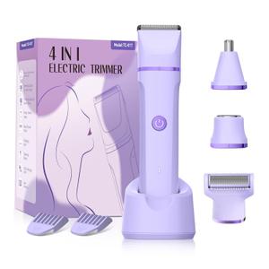 Electric Razors for Women - 4 in 1 Bikini Trimmer for Women, Waterproof Body Pubic Shaver for Womens Wet & Dry Use, Replaceable Facial & Nose Hair Trimmer, Rechargeable Hair Removal Kit, Purple