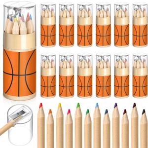 12 Set Basketball Mini Drawing Colored Pencils Bulk with Sharpener 3.5" Small 12 Colors Travel Portable Pencil for Adults Art Painting