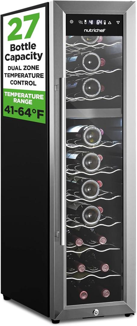 Nutrichef 27 Bottle Wine Fridge | Dual Zone Wine Chiller | Adjustable Temperature 41F to 64F | Ultra Quiet Operation | Wine Cooler For Home, & Office | Free Standing 43x11x23 IN (Black)