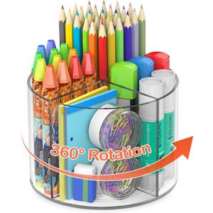 Mefirt Acrylic Pen Holder, 360 Degree Marker Organizer for Desk, Rotating Desk Storage With 4 Compartments, Art Supply Crayon Holder for Office School Home, Clear