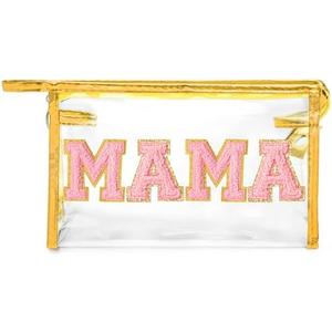 CY2SIDE MAMA Clear Makeup Bag - Pink MAMA Letter Patch Cosmetic Bag with Handle for Travel PVC Zipper Clear Toiletries Waterproof Portable Travel Organizer Case Mother's Day Gift Gold, Pack of 2