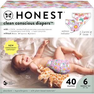 The Honest Company Clean Conscious Diapers for Sensitive Skin | Hypoallergenic, Fragrance Free | Girl Prints | Club Box, Size 6 (35+ lbs), 40 Count (Packaging + Prints May Temporarily Vary)