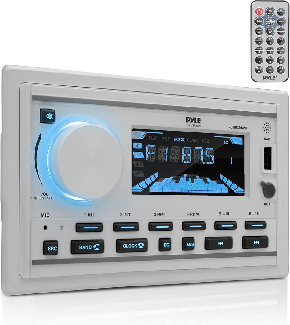 Pyle Boat Bluetooth Marine Stereo Receiver-Marine Head Unit Double DIN Stereo Receiver Power Amplifier&Speaker Kit-Hands-Free Calling,AM/FM/MP3/BT/USB/AUX-Remote,Speakers-Pyle PLMR3DNWT(White) Pyle Boat Bluetooth Marine Stereo Receiver-Marine Head Unit Double DIN Stereo Receiver Power Amplifier&Speaker Kit-Hands-Free Calling,AM/FM/MP3/BT/USB/AUX-Remote,Speakers-Pyle PLMR3DNWT(White)