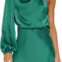 Ferlema Women's 2023 Sexy Satin Dress One Shoulder Elegant Long Sleeve Mock Neck Cocktail Party Mini Dresses Dark Green, Medium