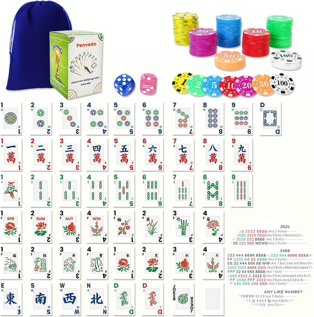 2026 Official American Mahjong Cards 166 Pcs – Large Print Set with 80 Chips & 2 Dice, Complete American Mahjong Card Game Kit for Travel, Seniors & Beginners – Includes 4 Rules Card