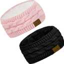 Loritta 2 Pack Headbands for Women Winter Warm Cable Knit Ear Warmer Thick Head Wrap Fuzzy Fleece Lined Gifts (Ad Solid Color- 2 Pack(Black+Pink))