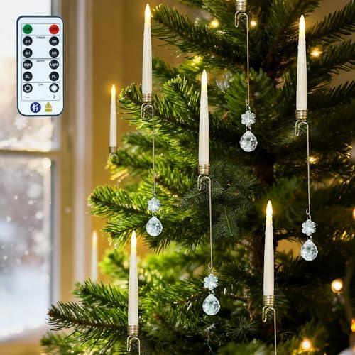 FREEPOWER 12PCS Flameless Christmas Tree Candles with Remote，Battery Operated Flickering Candles Christmas Tree Lights,LED Taper Candle for Home Parties Birthday Gift with Snowflake Ball Hook (Ivory)