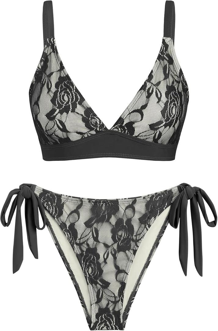 seamoly 2 Pieces Lace Bikini V-Neck Swimsuits for Women Tie Side Bikini Set Classic Black (S)
