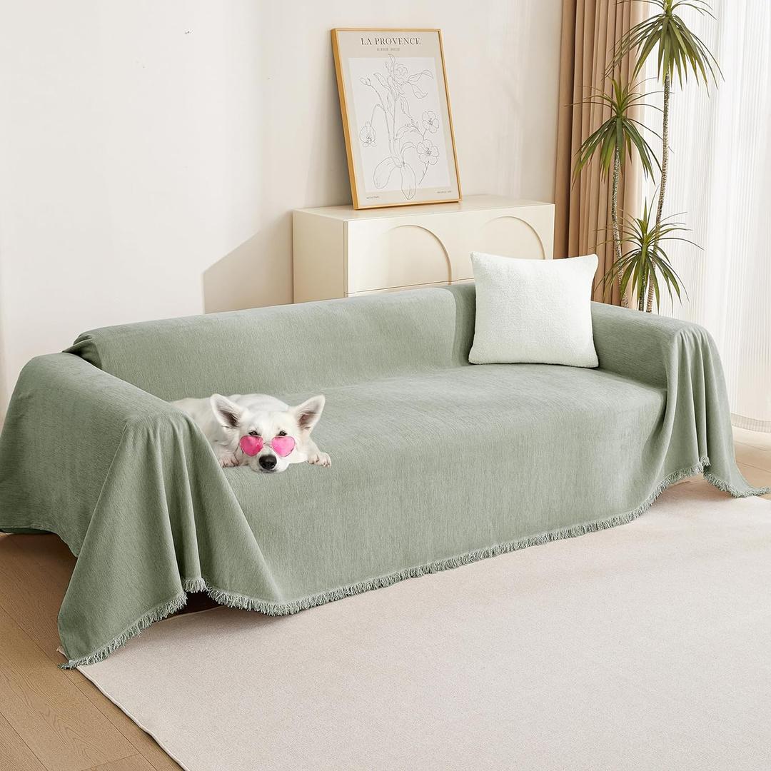 MYSKY HOME Couch Cover L Shape, Sectional Couch Covers, Couch Cover Blanket Furniture Protector for Pets, Sofa Covers Tassel Chenielle Sofa Slipcover Soft Throw Couch for Dogs,91"X150", Sage Green