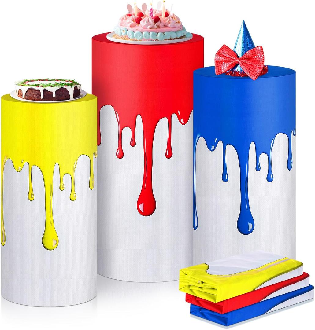 GlikCeil Set of 3 Paint Party Decorations Art Themed Cylinder Stand Covers Paint Splatter Party Supplies Back to School Decor Dessert Tables for Art Birthday Baby Shower