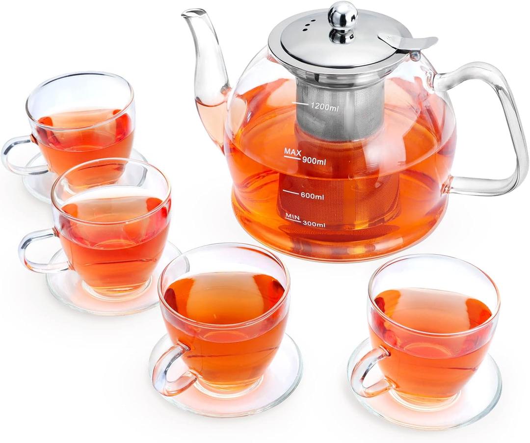 MINO ANT 1200 ml Glass Teapot Set, Teapot with Strainer Insert, 4 Glasses, Borosilicate Glass, Stainless Steel Lid