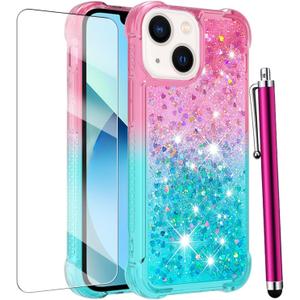 for iPhone 14 Case Glitter, iPhone 13 Case with Screen Protector, Women Girls Kids Girly Cute Bling Liquid Sparkle Soft TPU Slim Silicone Shockproof Phone Cover for iPhone 13/14 -Pink Blue